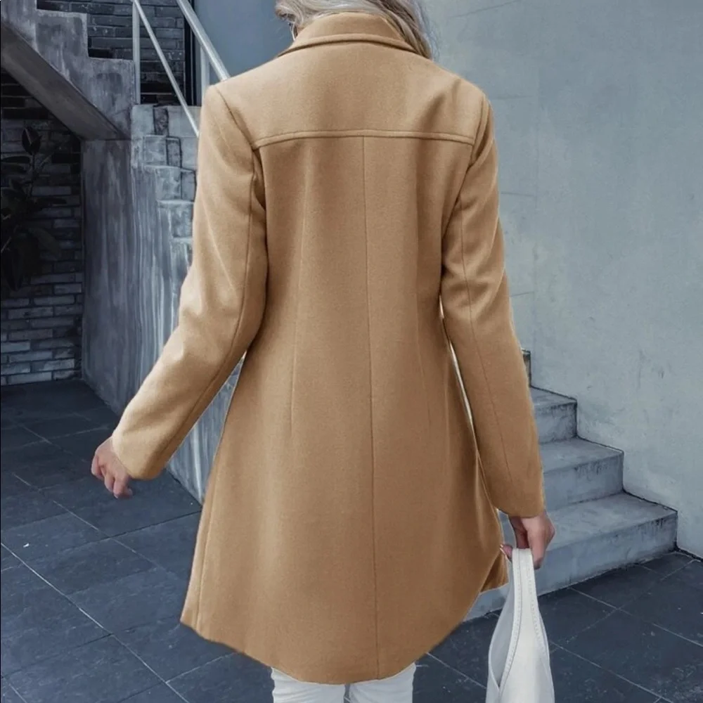 New Camel Brown Double Breasted Trench Coat Pea Coat - Picture 3 of 7